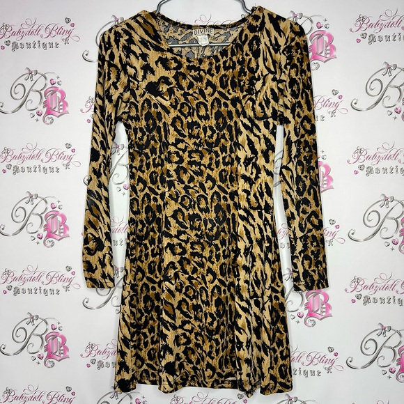 divine USA dress cheetah print animal print long sleeve flowy bottom stretchy - Picture 1 of 7